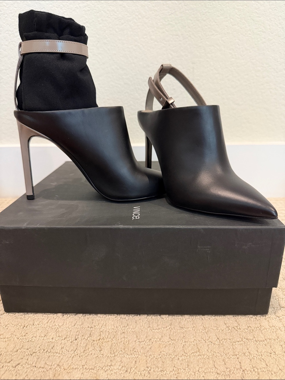 Vince Black Pointed Leather Slingback Mules with Taupe Strap